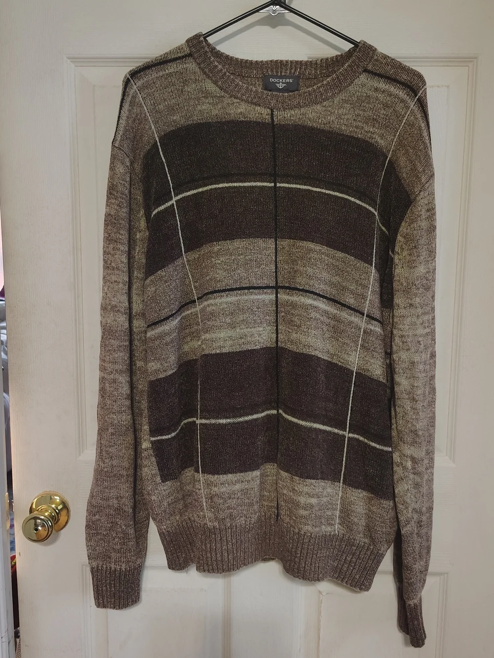 Grandpacore Dockers Brown Knit Striped Crew Neck Pullover Retro Sweater Men’s L